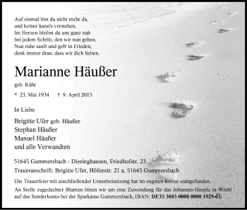 Anzeige von Marianne Häußer von Kölner Stadt-Anzeiger / Kölnische Rundschau / Express