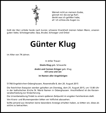 Anzeige von Günter Klug von Kölner Stadt-Anzeiger / Kölnische Rundschau / Express
