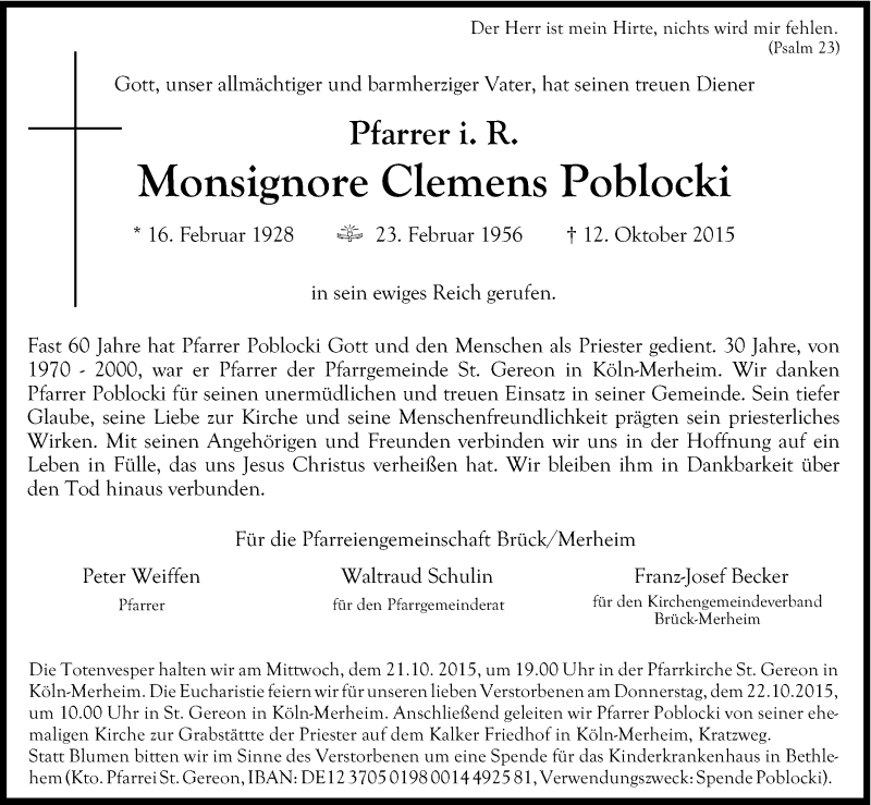  Traueranzeige für Clemens Poblocki vom 17.10.2015 aus Kölner Stadt-Anzeiger / Kölnische Rundschau / Express