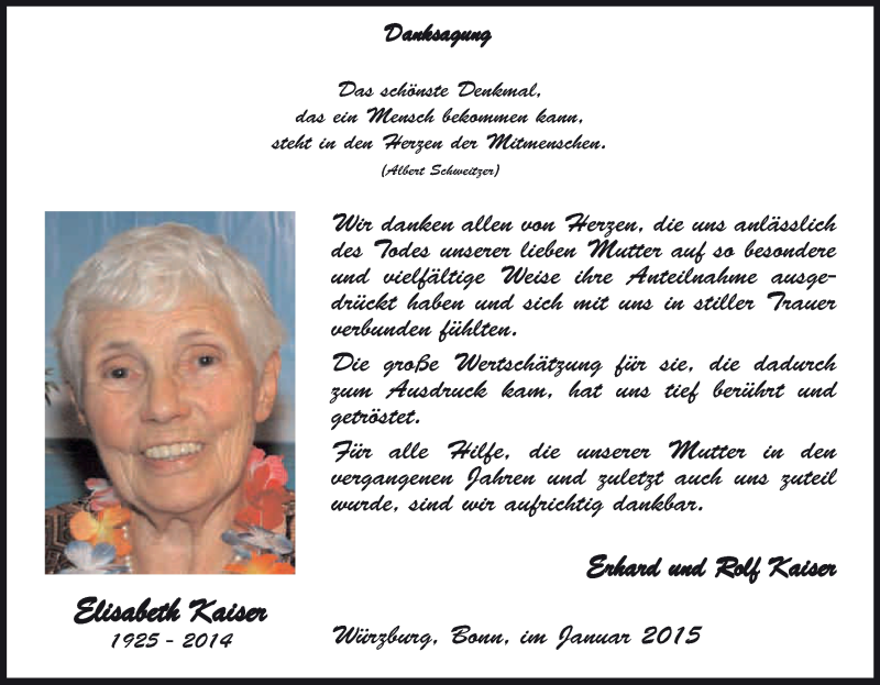  Traueranzeige für Elisabeth Kaiser vom 17.01.2015 aus Kölner Stadt-Anzeiger / Kölnische Rundschau / Express