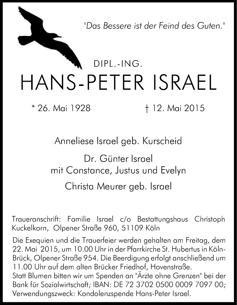  Traueranzeige für Hans-Peter Israel vom 20.05.2015 aus Kölner Stadt-Anzeiger / Kölnische Rundschau / Express