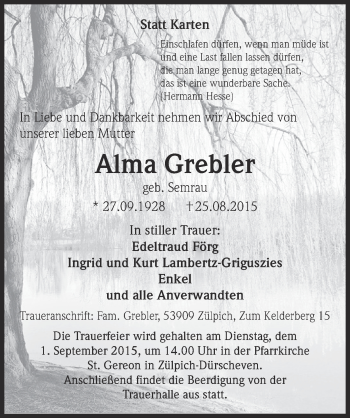 Anzeige von Alma Grebler von  Blickpunkt Euskirchen 