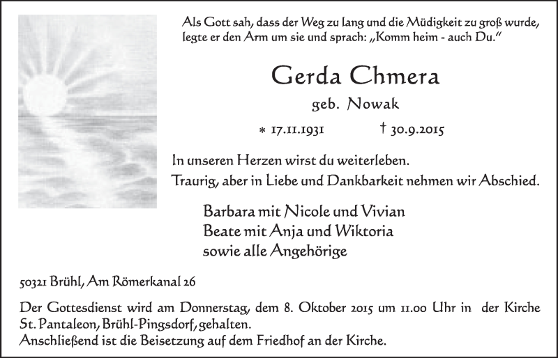  Traueranzeige für Gerda Chmera vom 07.10.2015 aus  Schlossbote/Werbekurier 