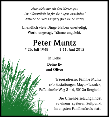 Anzeige von Peter Muntz von Kölner Stadt-Anzeiger / Kölnische Rundschau / Express