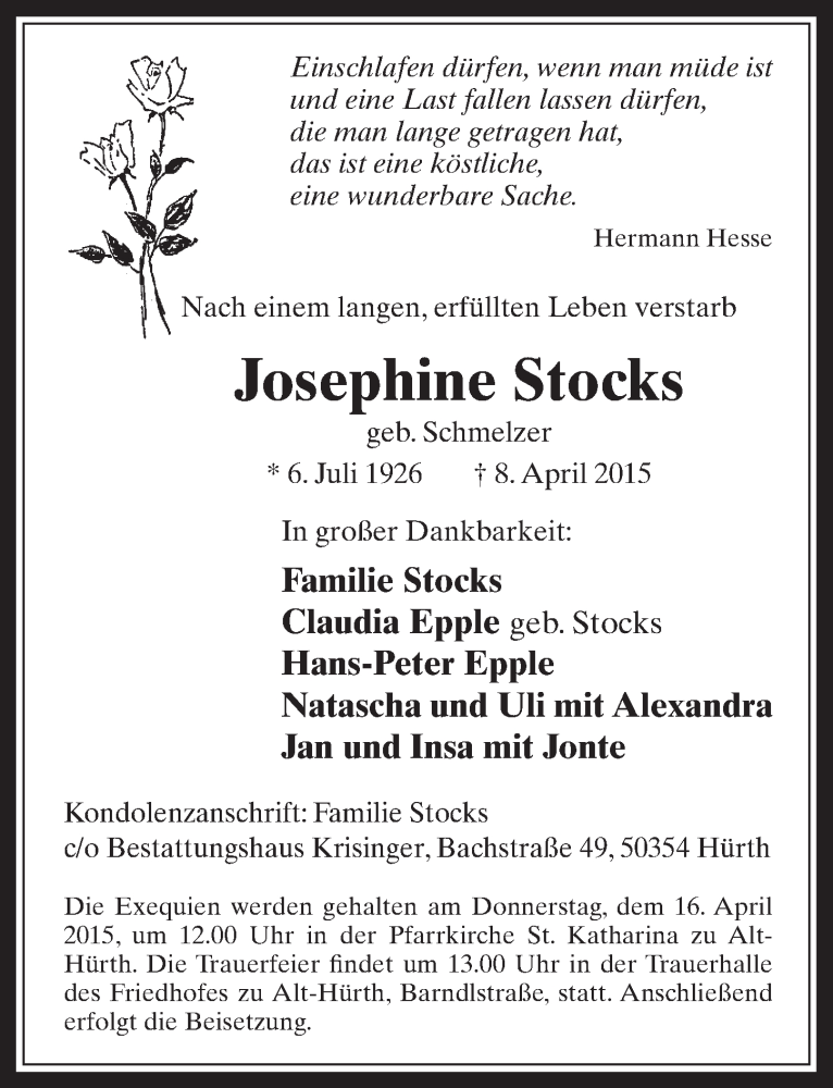  Traueranzeige für Josephine Stocks vom 15.04.2015 aus  Wochenende 