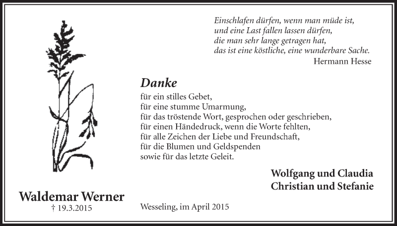  Traueranzeige für Waldemar Werner vom 22.04.2015 aus  Schlossbote/Werbekurier 