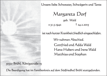 Anzeige von Margareta Dorf von  Schlossbote/Werbekurier 