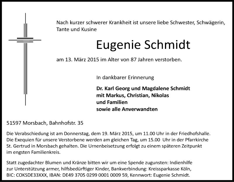  Traueranzeige für Eugenie Schmidt vom 17.03.2015 aus Kölner Stadt-Anzeiger / Kölnische Rundschau / Express