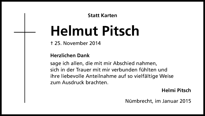 Traueranzeige für Helmut Pitsch vom 21.01.2015 aus Kölner Stadt-Anzeiger / Kölnische Rundschau / Express