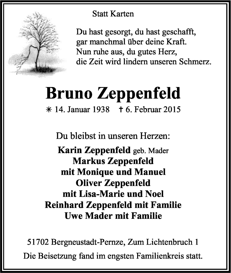  Traueranzeige für Bruno Zeppenfeld vom 14.02.2015 aus Kölner Stadt-Anzeiger / Kölnische Rundschau / Express