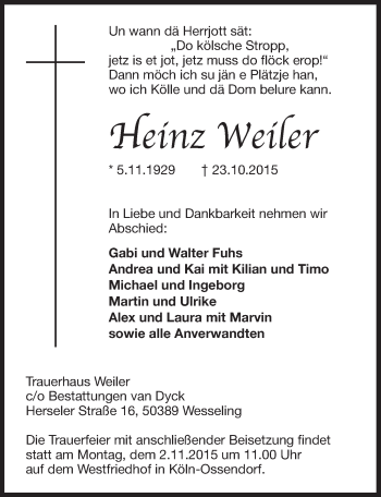 Anzeige von Heinz Weiler von  Kölner Wochenspiegel 