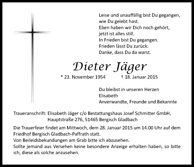  Traueranzeige für Dieter Jäger vom 24.01.2015 aus Kölner Stadt-Anzeiger / Kölnische Rundschau / Express