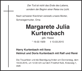 Anzeige von Margarete Julia Kurtenbach von  Kölner Wochenspiegel 