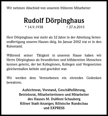 Anzeige von Rudolf Dörpinghaus von Kölner Stadt-Anzeiger / Kölnische Rundschau / Express
