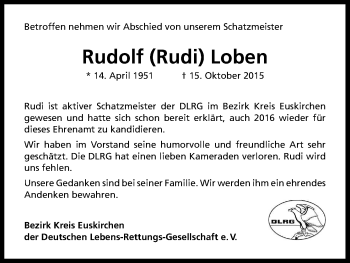Anzeige von Rudolf Rudi Loben von Kölner Stadt-Anzeiger / Kölnische Rundschau / Express