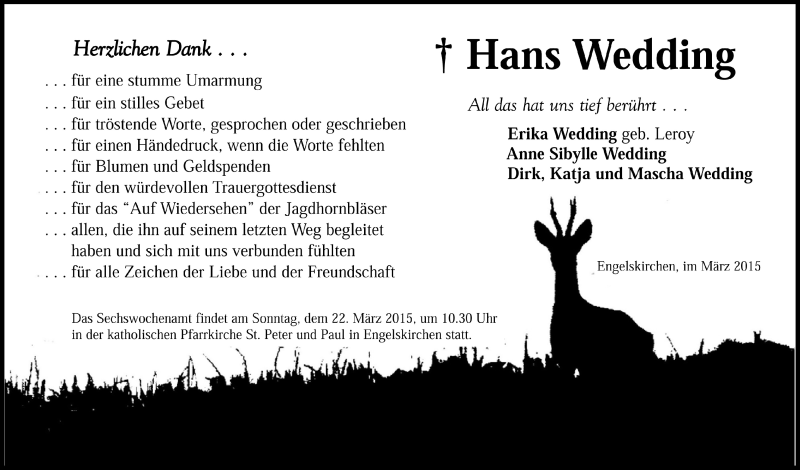  Traueranzeige für Hans Wedding vom 18.03.2015 aus  Anzeigen Echo 