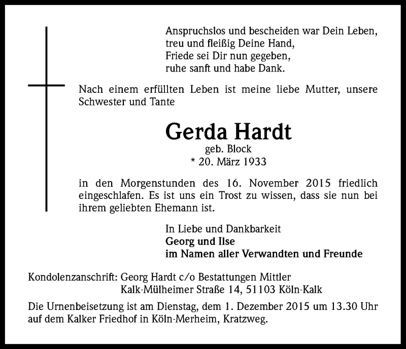  Traueranzeige für Gerda Hardt vom 21.11.2015 aus Kölner Stadt-Anzeiger / Kölnische Rundschau / Express