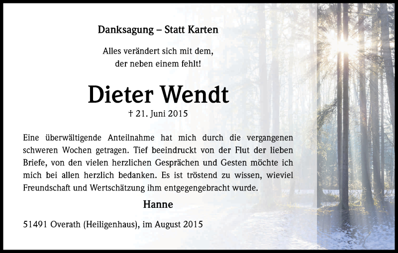  Traueranzeige für Dieter Wendt vom 29.08.2015 aus Kölner Stadt-Anzeiger / Kölnische Rundschau / Express