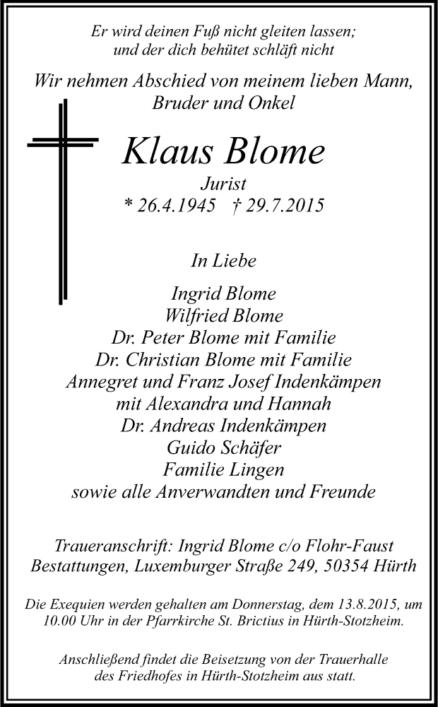 Traueranzeige für Klaus Blome vom 08.08.2015 aus Kölner Stadt-Anzeiger / Kölnische Rundschau / Express
