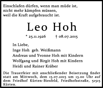 Anzeige von Leo Hoh von Kölner Stadt-Anzeiger / Kölnische Rundschau / Express