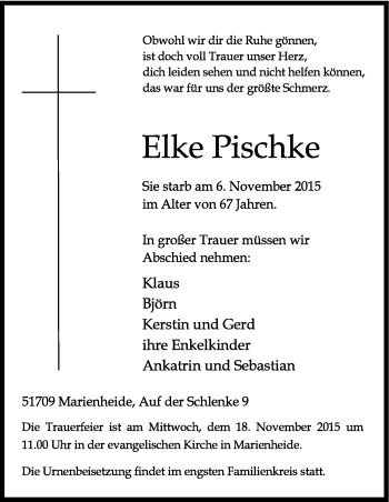 Anzeige von Elke Pischke von Köln - Wir Trauern