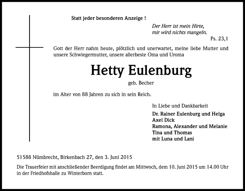  Traueranzeige für Hetty Eulenburg vom 06.06.2015 aus Kölner Stadt-Anzeiger / Kölnische Rundschau / Express