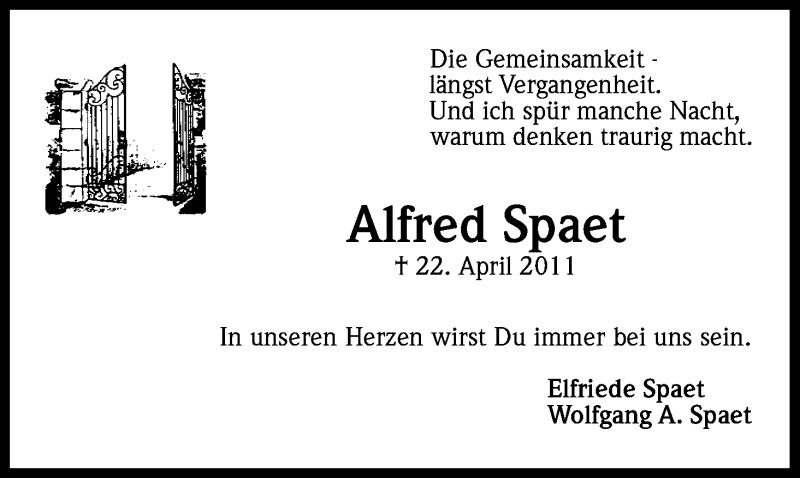  Traueranzeige für Alfred Spaet vom 22.04.2015 aus Kölner Stadt-Anzeiger / Kölnische Rundschau / Express