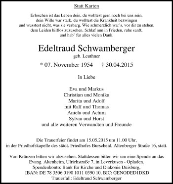 Anzeige von Edeltraud Schwamberger von Kölner Stadt-Anzeiger / Kölnische Rundschau / Express