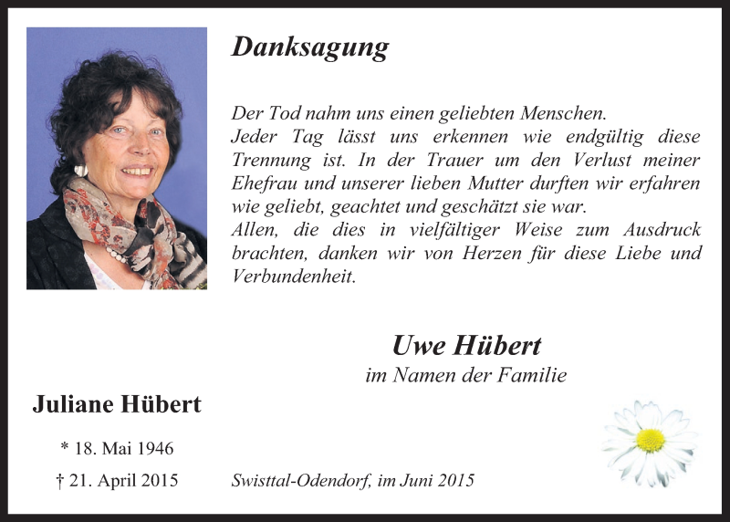 Traueranzeige für Juliane Hübert vom 03.06.2015 aus  Schaufenster/Blickpunkt 