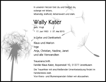Anzeige von Wally Kater von Kölner Stadt-Anzeiger / Kölnische Rundschau / Express