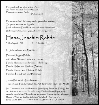 Anzeige von Hans-Joachim Rohde von Kölner Stadt-Anzeiger / Kölnische Rundschau / Express