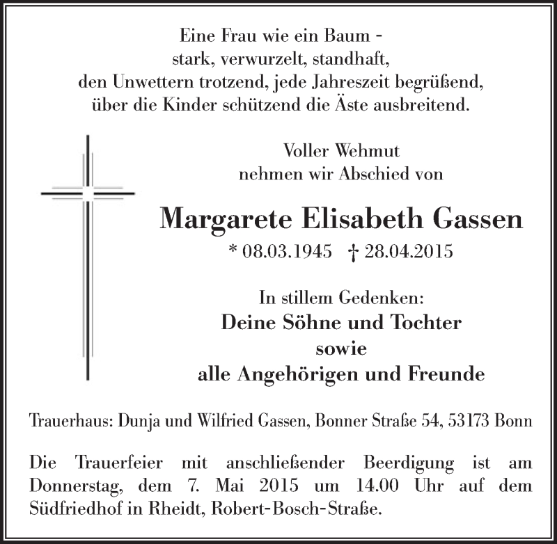  Traueranzeige für Margarete Elisabeth Gassen vom 06.05.2015 aus  Extra Blatt 