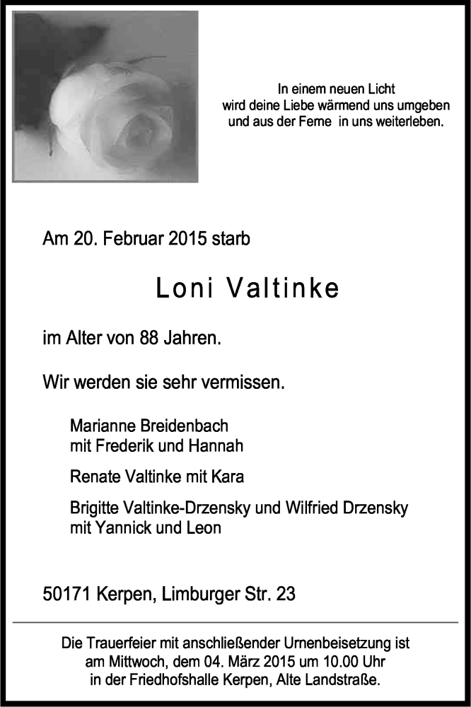  Traueranzeige für Loni Valtinke vom 28.02.2015 aus Kölner Stadt-Anzeiger / Kölnische Rundschau / Express