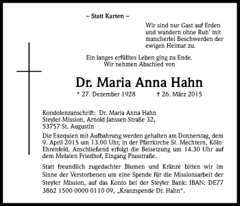 Anzeige von Maria Anna Hahn von Kölner Stadt-Anzeiger / Kölnische Rundschau / Express
