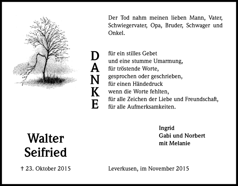  Traueranzeige für Walter Seifried vom 14.11.2015 aus Köln - Wir Trauern