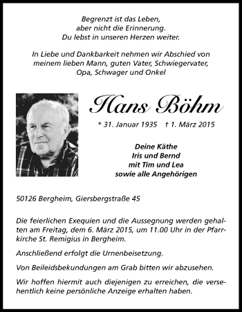 Anzeige von Hans Böhm von Kölner Stadt-Anzeiger / Kölnische Rundschau / Express