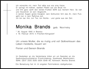 Anzeige von Monika Brands von Kölner Stadt-Anzeiger / Kölnische Rundschau / Express