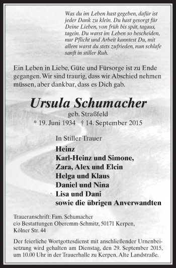 Anzeige von Ursula Schumacher von  Werbepost 