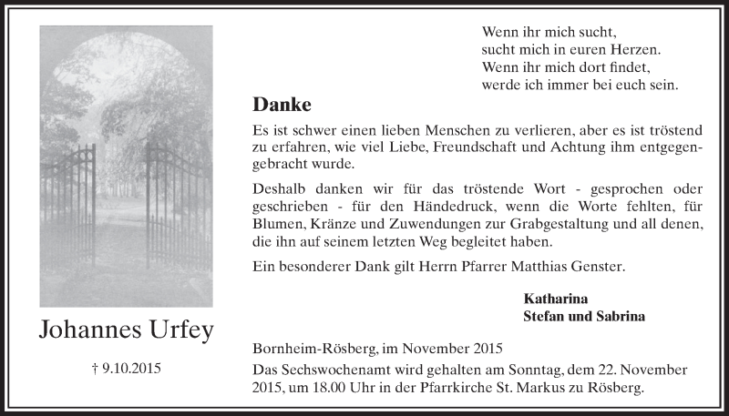 Traueranzeige für Johannes Urfey vom 11.11.2015 aus  Schlossbote/Werbekurier 