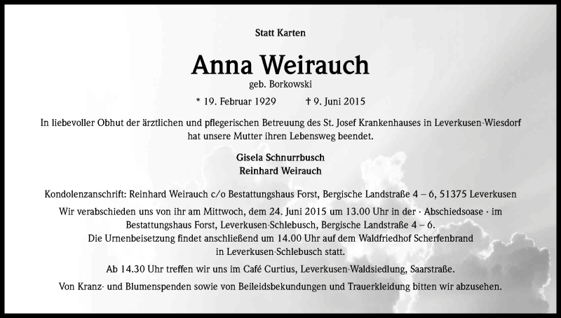 Traueranzeige für Anna Weirauch vom 20.06.2015 aus Kölner Stadt-Anzeiger / Kölnische Rundschau / Express