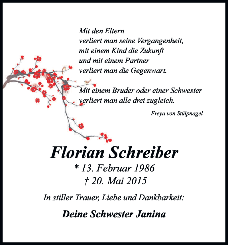  Traueranzeige für Florian Schreiber vom 10.06.2015 aus Kölner Stadt-Anzeiger / Kölnische Rundschau / Express