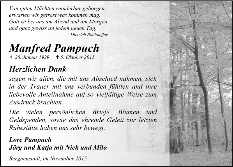  Traueranzeige für Manfred Pampuch vom 04.11.2015 aus  Anzeigen Echo 