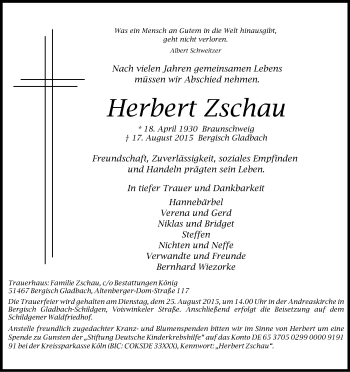 Anzeige von Herbert Zschau von Kölner Stadt-Anzeiger / Kölnische Rundschau / Express