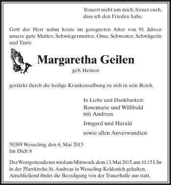 Anzeige von Margaretha Geilen von  Schlossbote/Werbekurier 