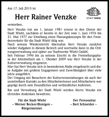 Anzeige von Rainer Venzke von Kölner Stadt-Anzeiger / Kölnische Rundschau / Express
