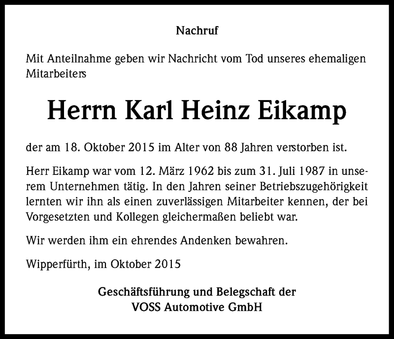  Traueranzeige für Karl Heinz Eikamp vom 24.10.2015 aus Kölner Stadt-Anzeiger / Kölnische Rundschau / Express