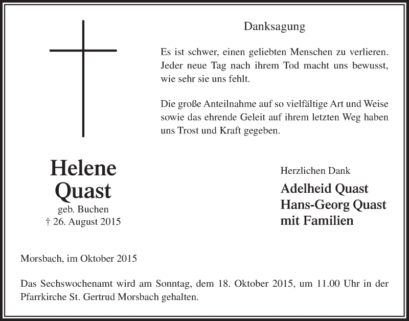  Traueranzeige für Helene Quast vom 14.10.2015 aus  Lokalanzeiger 