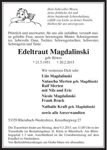 Anzeige von Edeltraut Magdalinski von  Schaufenster/Blickpunkt 