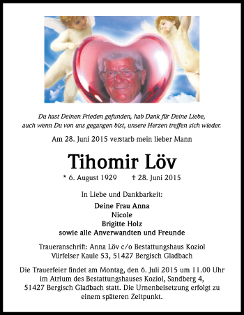 Anzeige von Tihomir Löv von Kölner Stadt-Anzeiger / Kölnische Rundschau / Express
