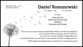 Anzeige von Daniel Romanowski von Kölner Stadt-Anzeiger / Kölnische Rundschau / Express